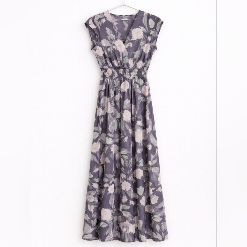 Böhme Floral Midi Dress Women's Medium Purple Pink Short Sleeve Smocked Waist - Picture 2 of 14